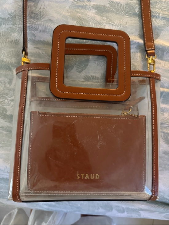 STAUD Handbags - STAUD Clear Crossbody with Brown Leather Trim & Square Handle